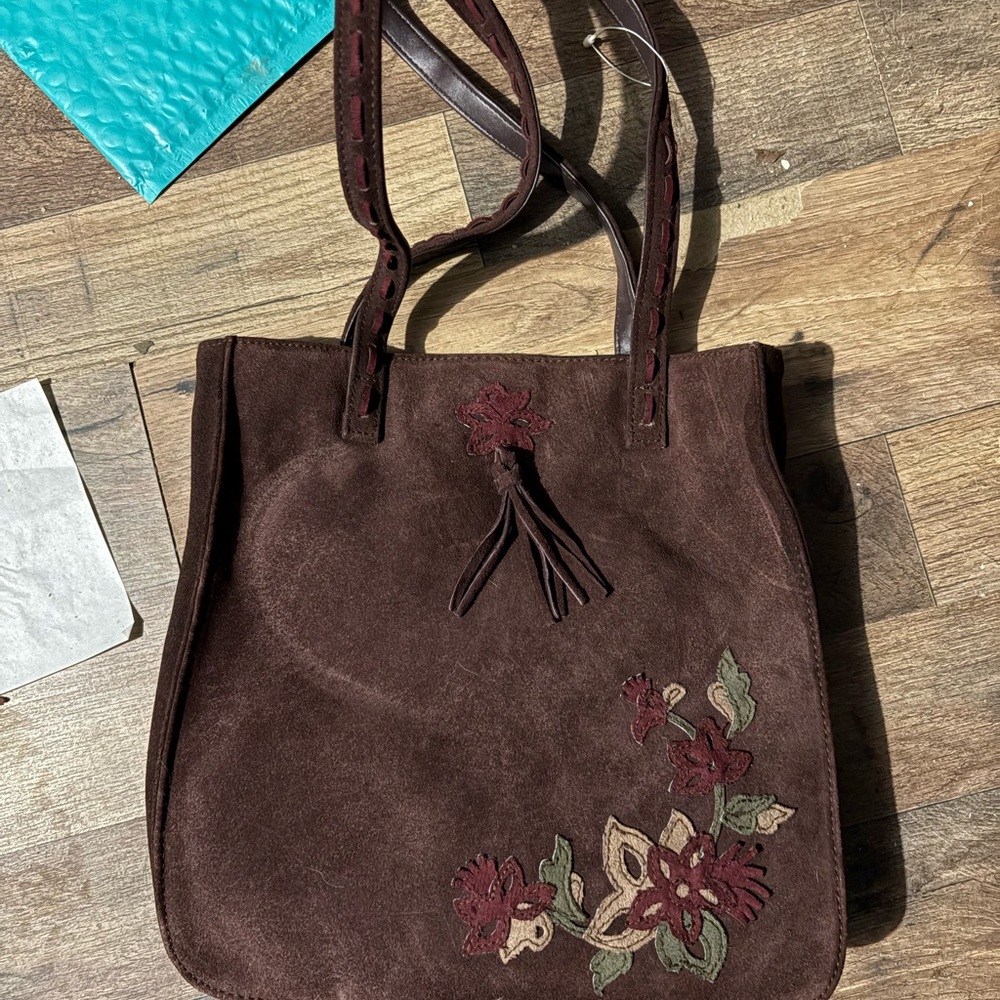 Brown Suede Floral Embroidered Tote Bag